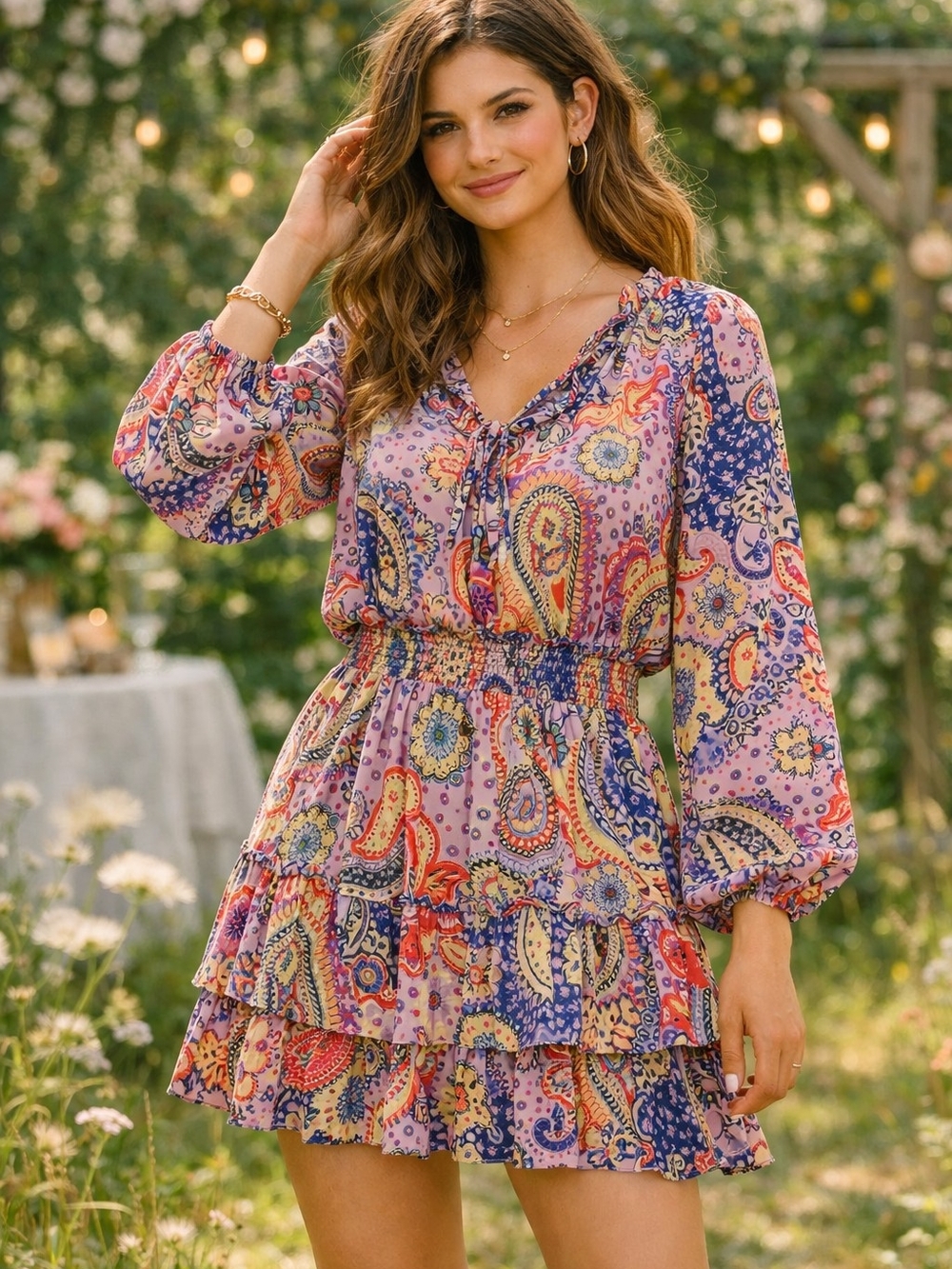 Paisley Tiered Pink Mini Dress with Smocked Waist